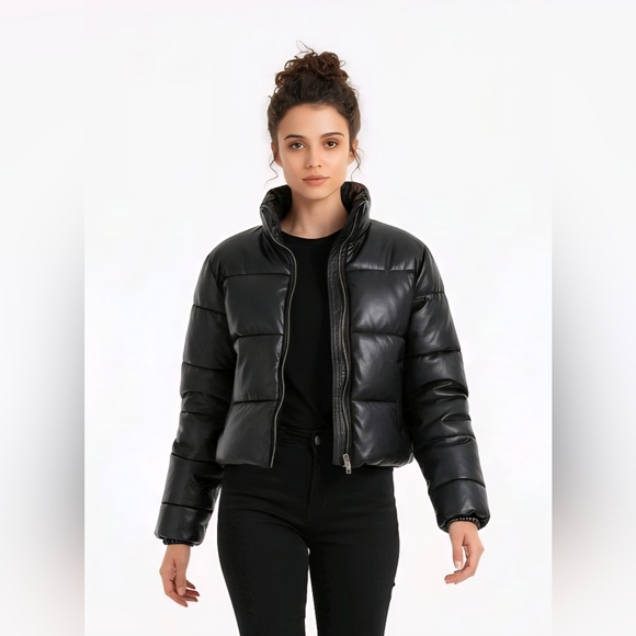 B COATURE Jackets & Blazers - Winter NightS Faux Leather Cropped Black Women's Puffer Jacket Coat Fitted Ski